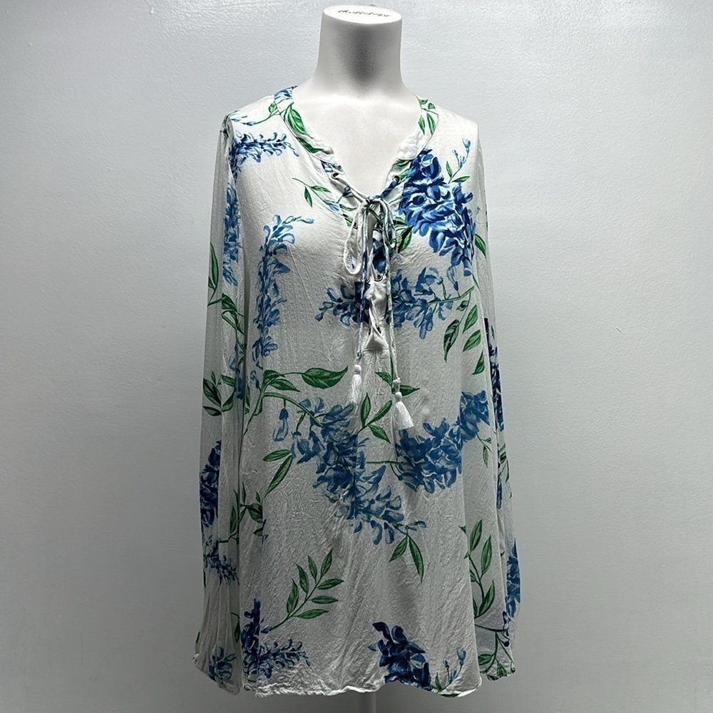 Show Me Your Mumu Tunic Top Blouse Shirt Lace Up Boho Floral White Size Large